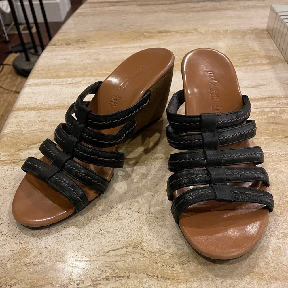 Paul Green Black Leather Strappy Wedge Sandals Size 7